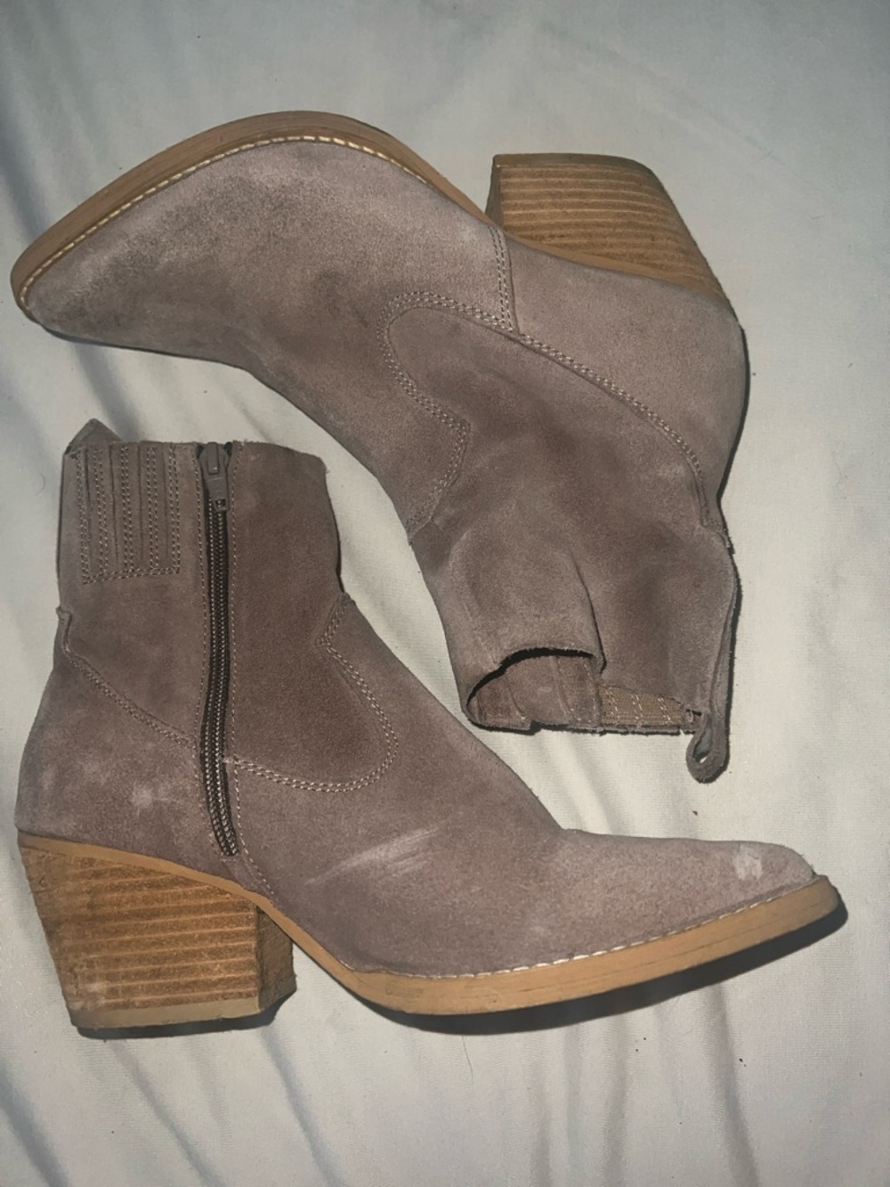 Jeffrey Campbell Taupe Suede Ankle Booties with Stacked Wood Heel
